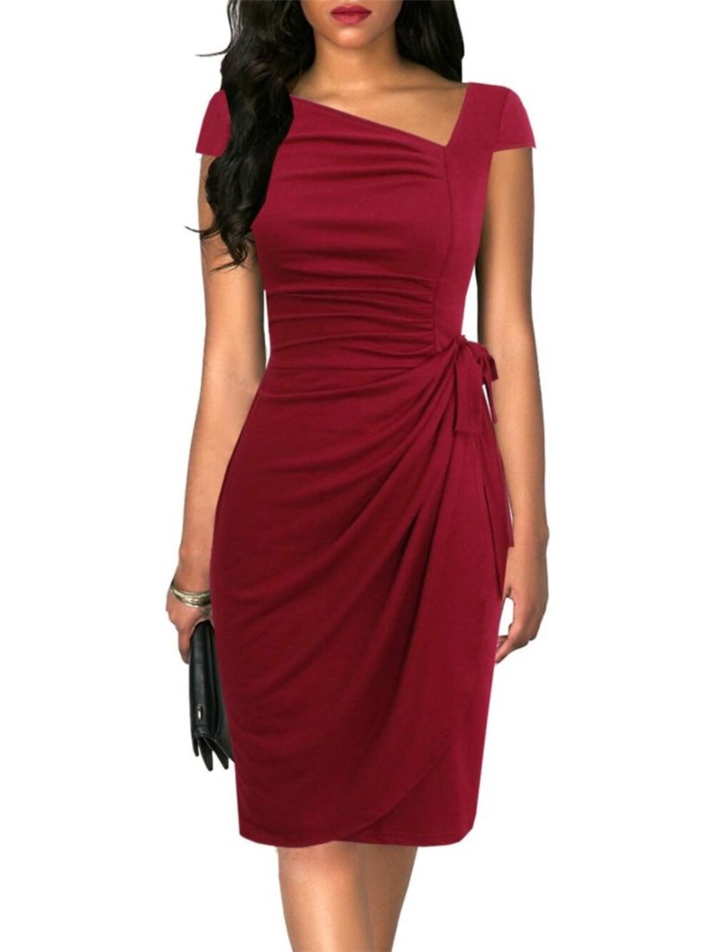 Vintage Cap Sleeve Asymmetrical Neckline Bodycon Dress - Casual Work & Party